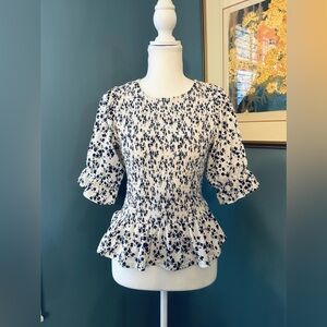 Floral Smocked Peplum Top with Bishop Sleeves - Black and White